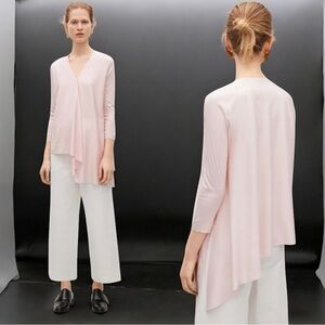 NEW COS Top Sz L V-neck Cotton Pink Asymmetric Lagenlook Raw Cut 3/4 Sleeve Chic